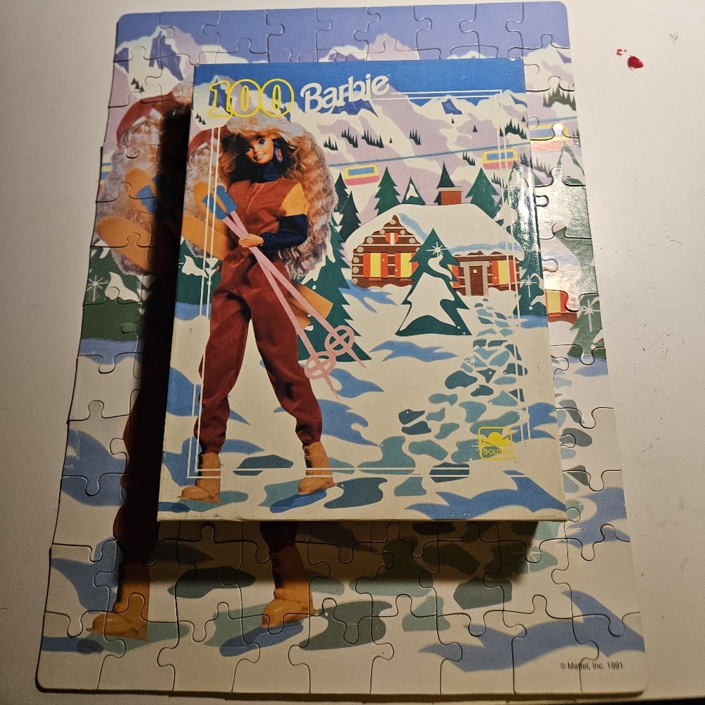 Vintage 1991 Barbie 100-piece Jigsaw Puzzle Ski Chalet Snow With Box